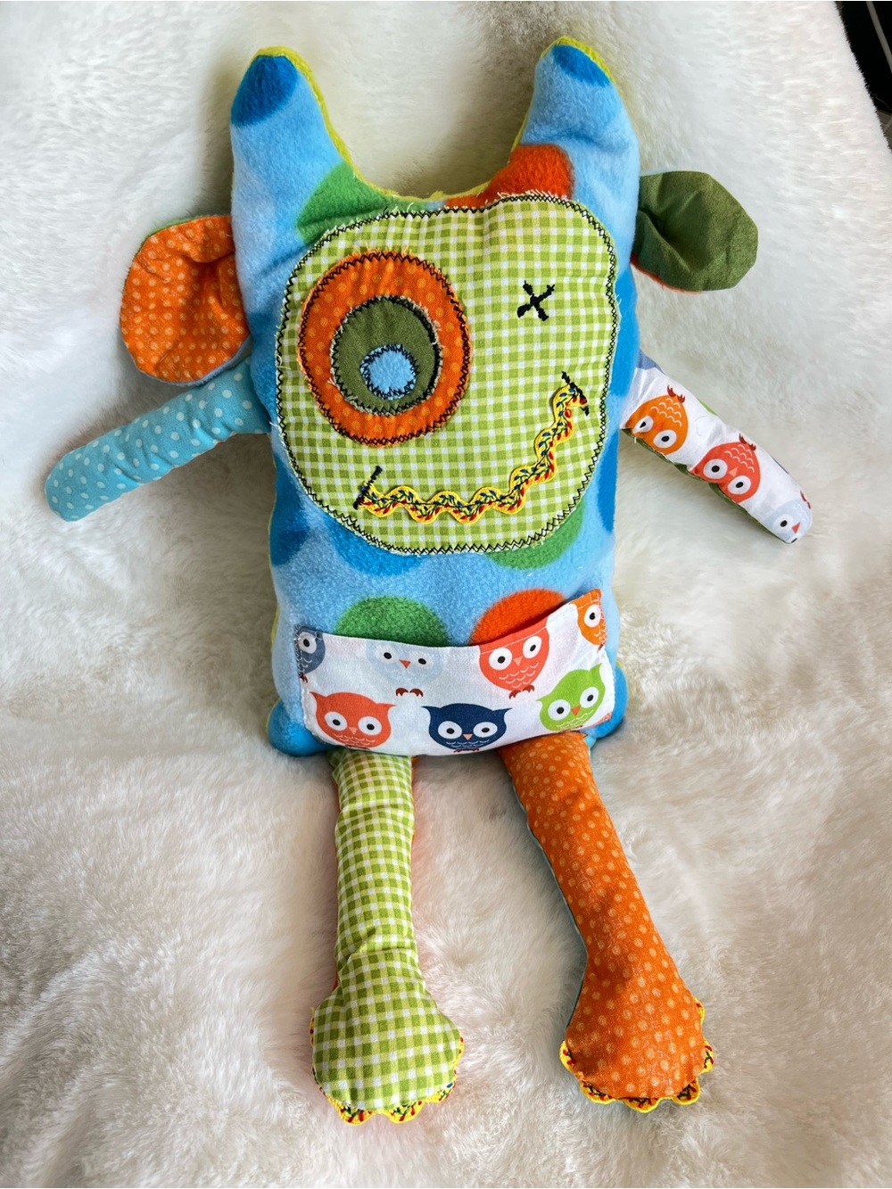 Handmade Patchwork Monster Plush Toy – Colorful Owl Pocket Stuffed Creature